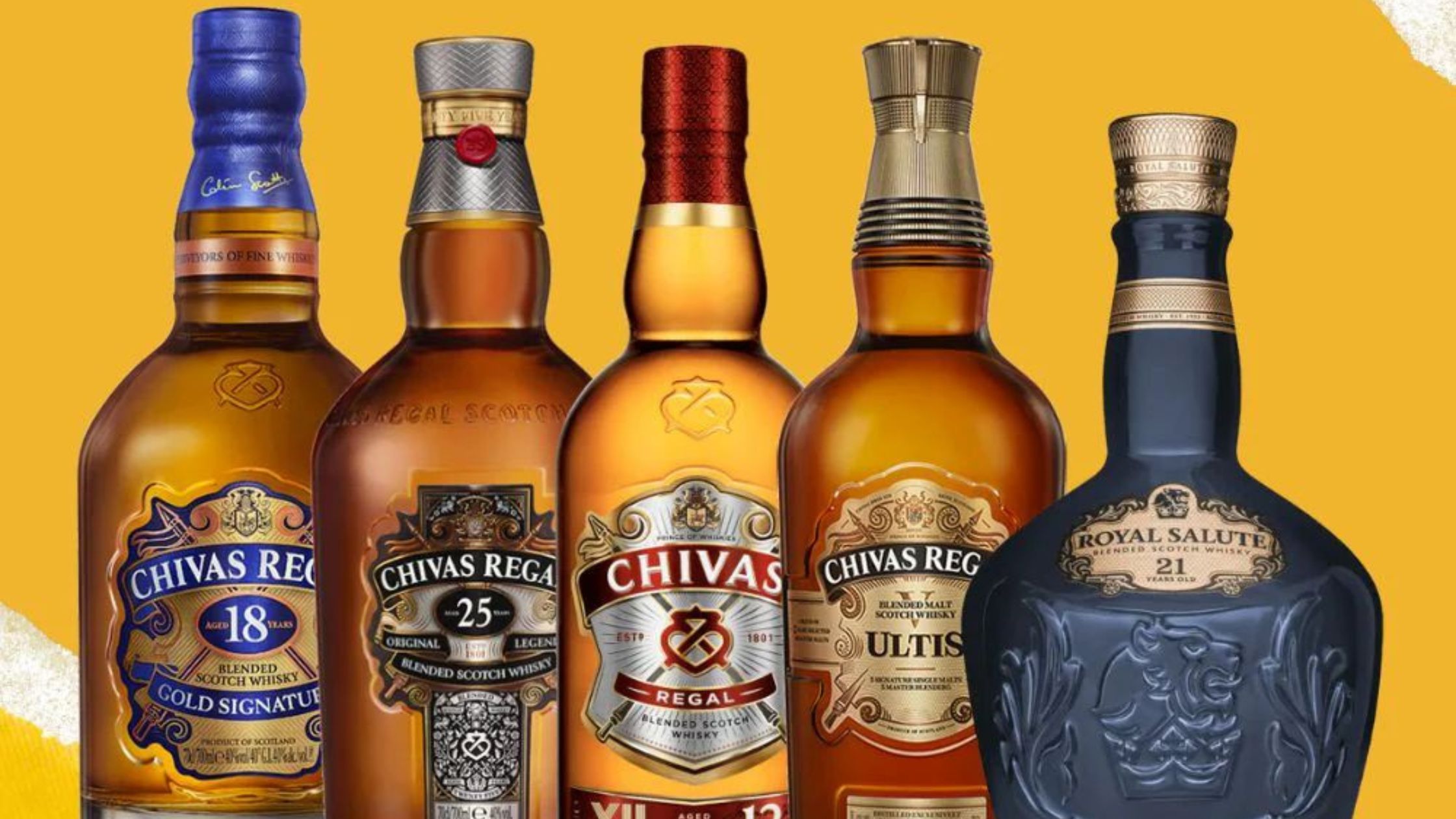 “Chivas Regal whisky collection bottles including 18, 25, 12 years, Ultis, and Royal Salute 21 on a yellow background.”